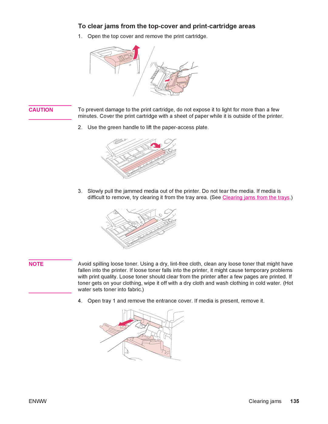 HP 4250/4350 manual To clear jams from the top-cover and print-cartridge areas 