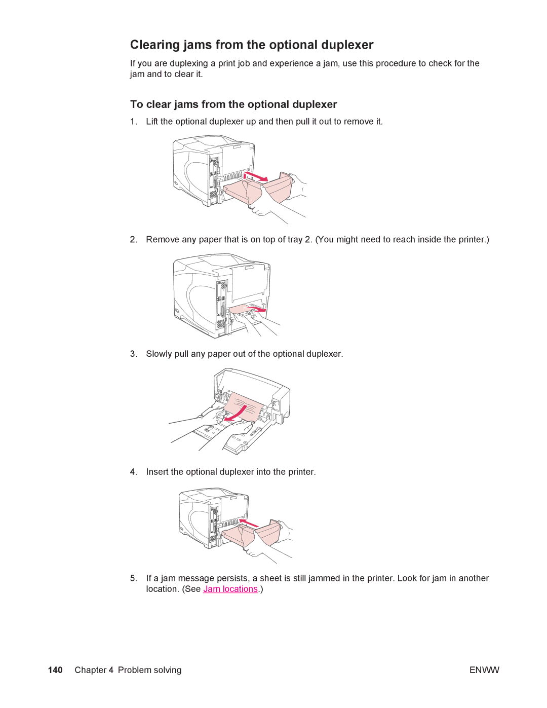 HP 4250/4350 manual Clearing jams from the optional duplexer, To clear jams from the optional duplexer 