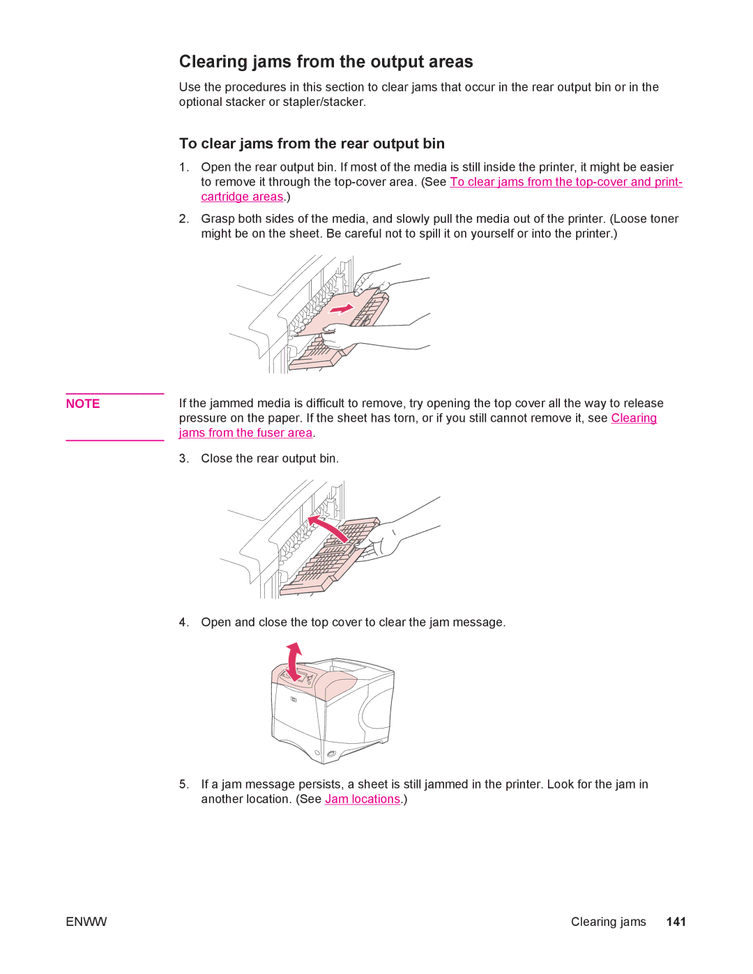 HP 4250/4350 manual Clearing jams from the output areas, To clear jams from the rear output bin 