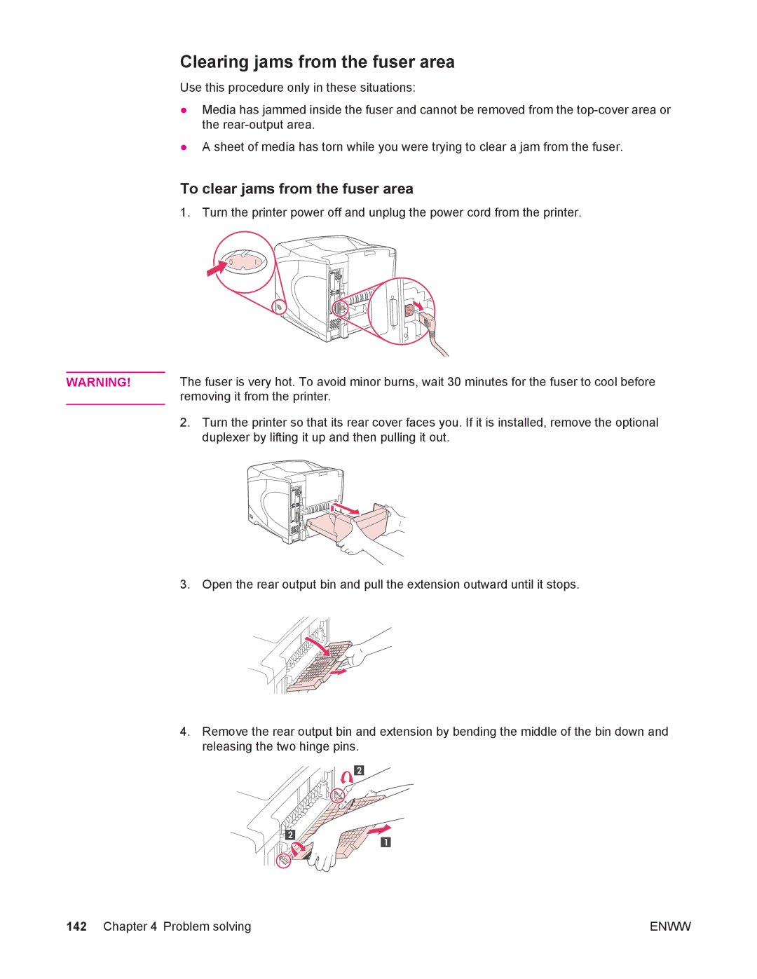 HP 4250/4350 manual Clearing jams from the fuser area, To clear jams from the fuser area 