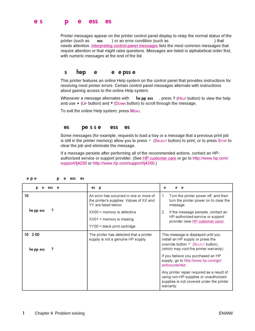 HP 4250/4350 manual Understanding printer messages, Using the printer online Help system, Resolving persistent messages 