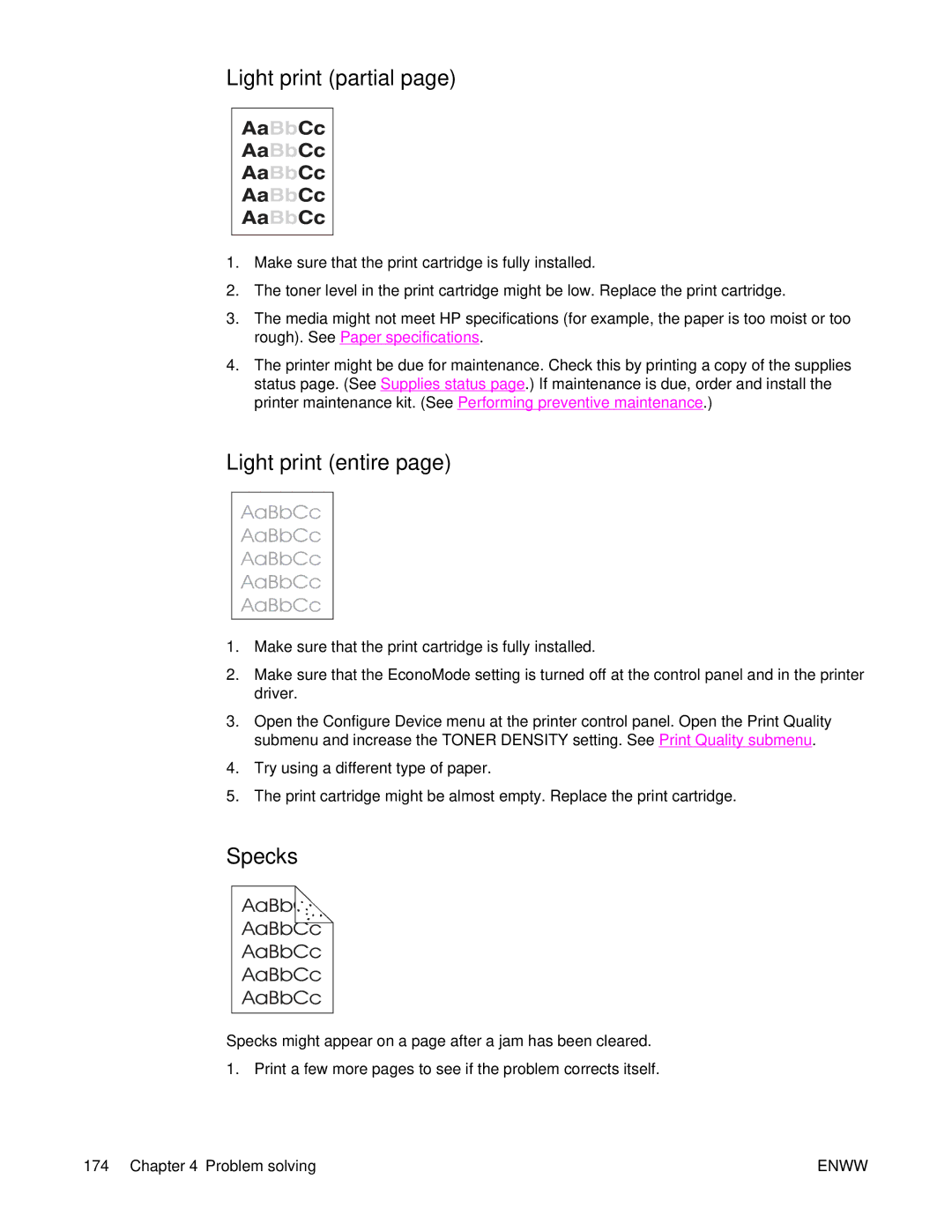 HP 4250/4350 manual Light print partial, Light print entire, Specks 