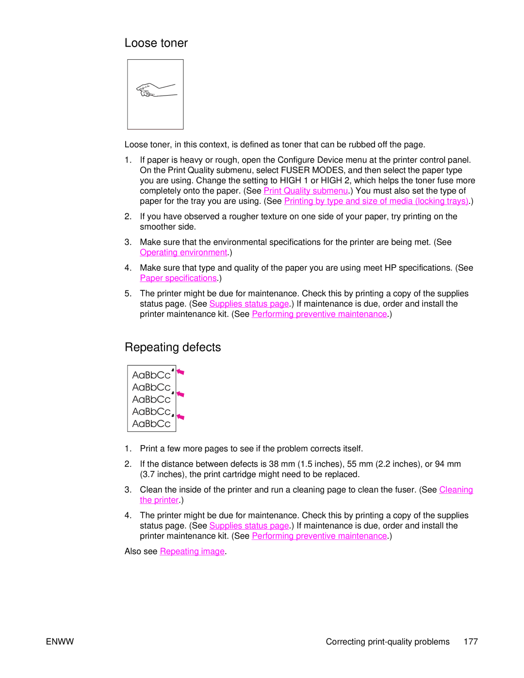 HP 4250/4350 manual Loose toner, Repeating defects 