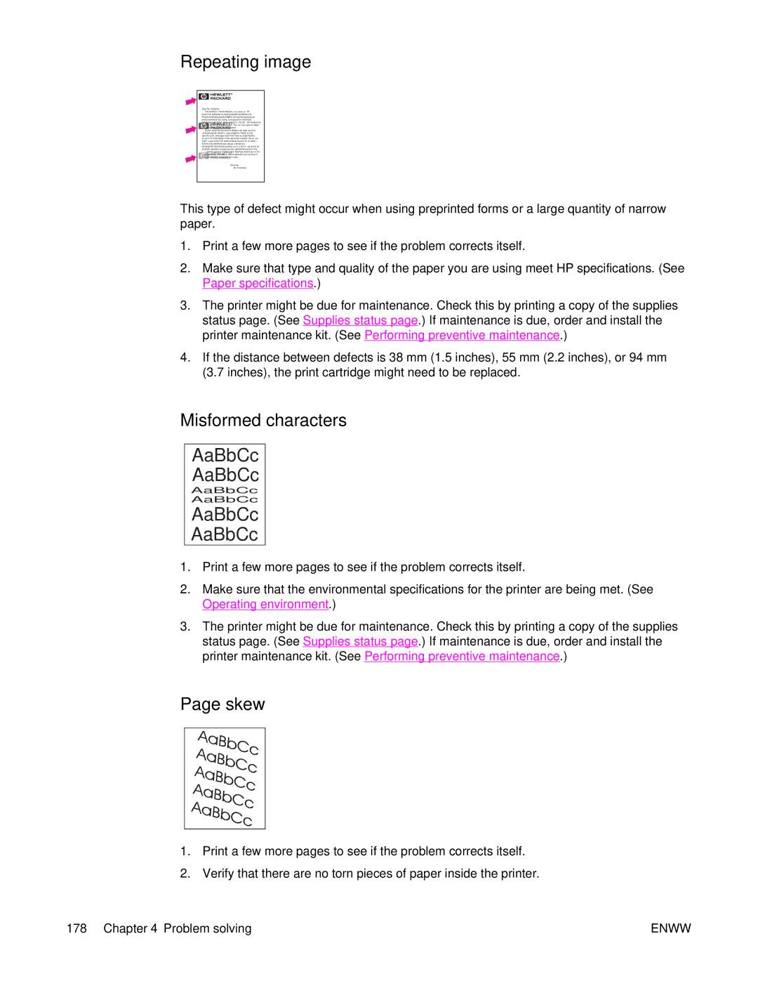 HP 4250/4350 manual Repeating image, Misformed characters, Skew 