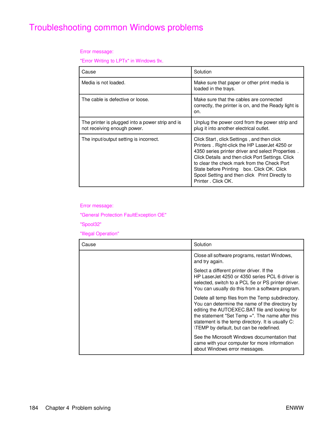 HP 4250/4350 manual Troubleshooting common Windows problems, Error message Error Writing to LPTx in Windows 9x. Cause 