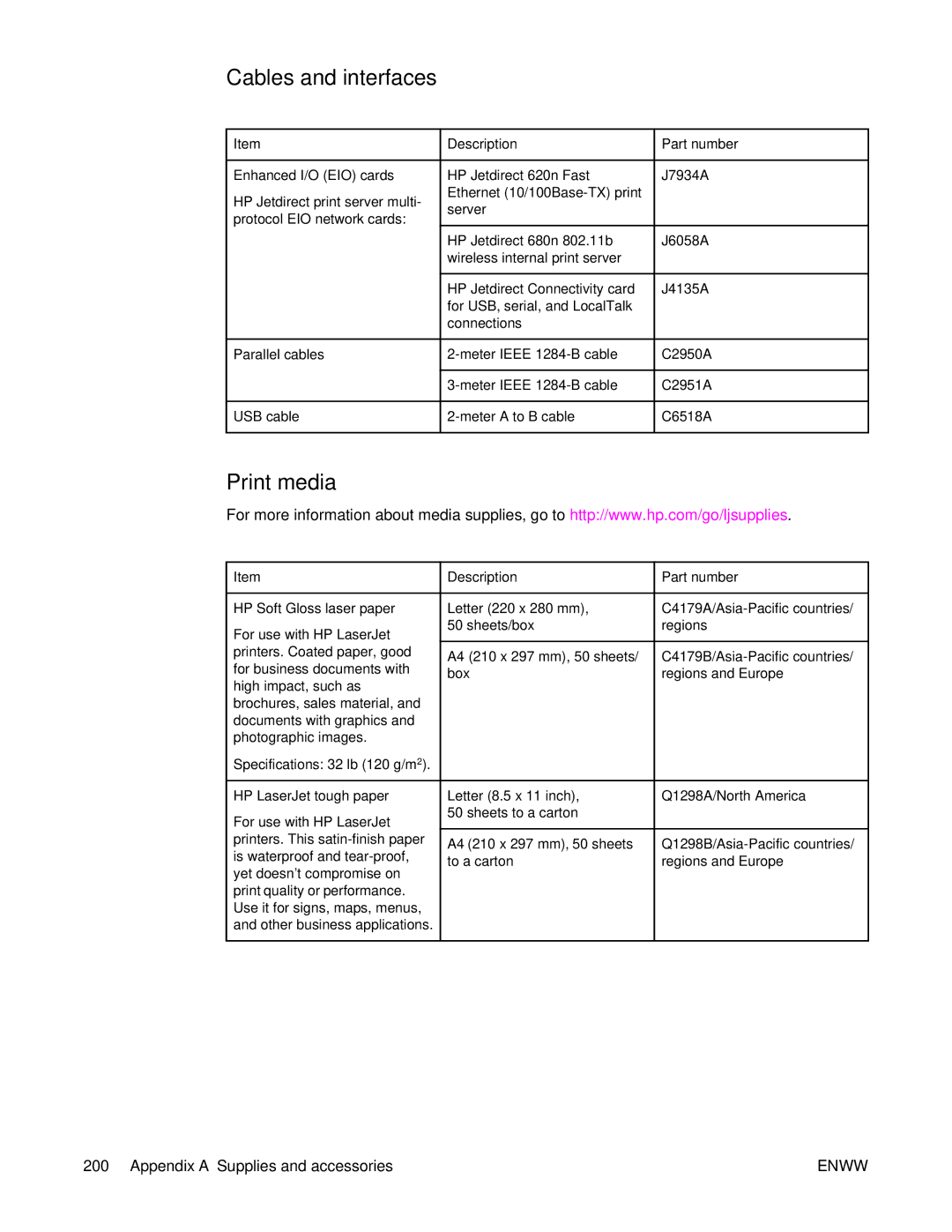 HP 4250/4350 manual Cables and interfaces, Print media 