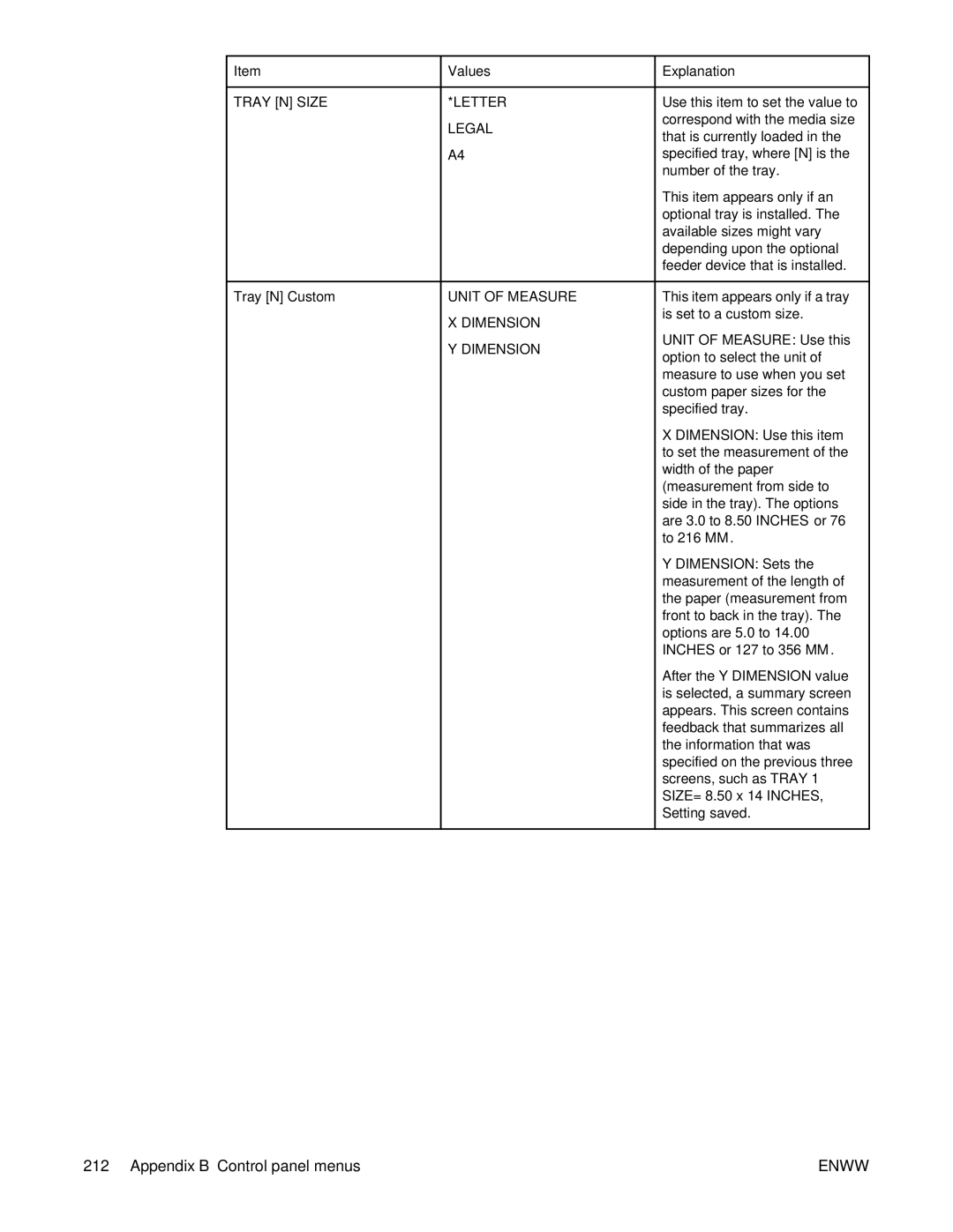 HP 4250/4350 Tray N Size Letter Legal, Tray N Custom, Unit of Measure, Dimension, SIZE= 8.50 x 14 INCHES, Setting saved 