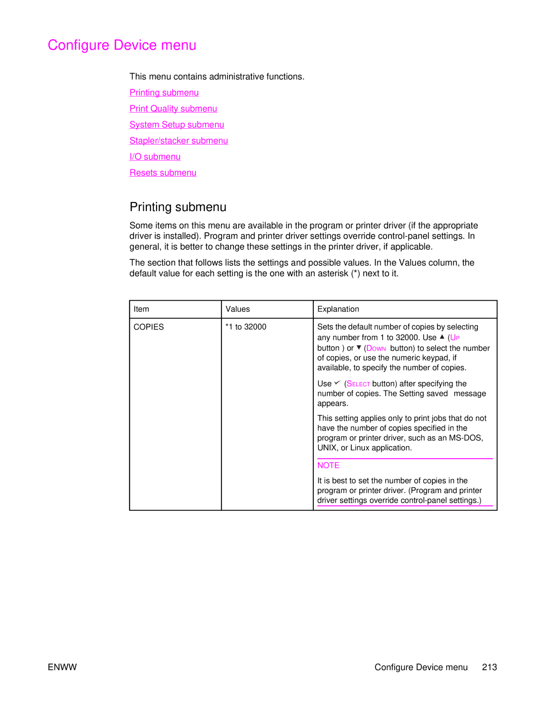 HP 4250/4350 manual Configure Device menu, Printing submenu, Copies 