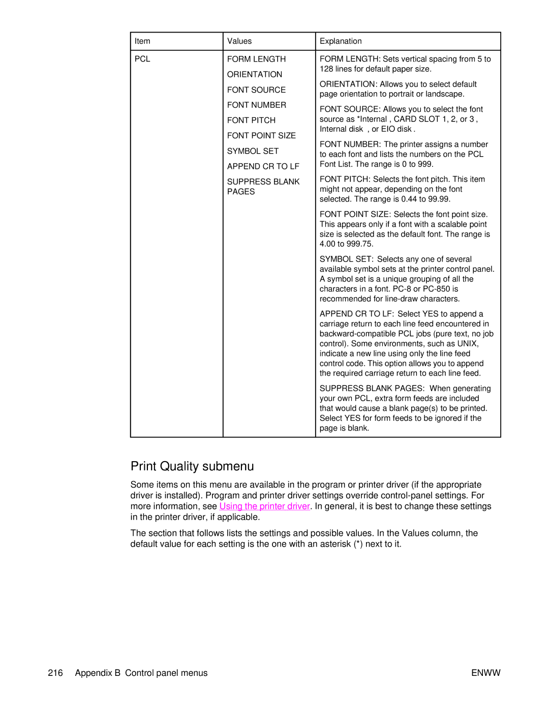 HP 4250/4350 manual Print Quality submenu 