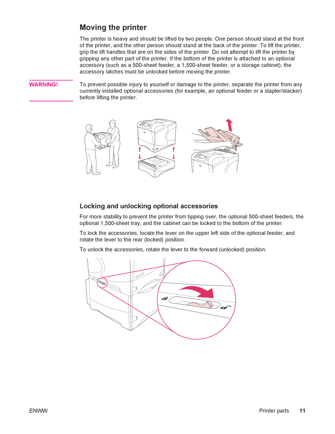 HP 4250/4350 manual Moving the printer, Locking and unlocking optional accessories 