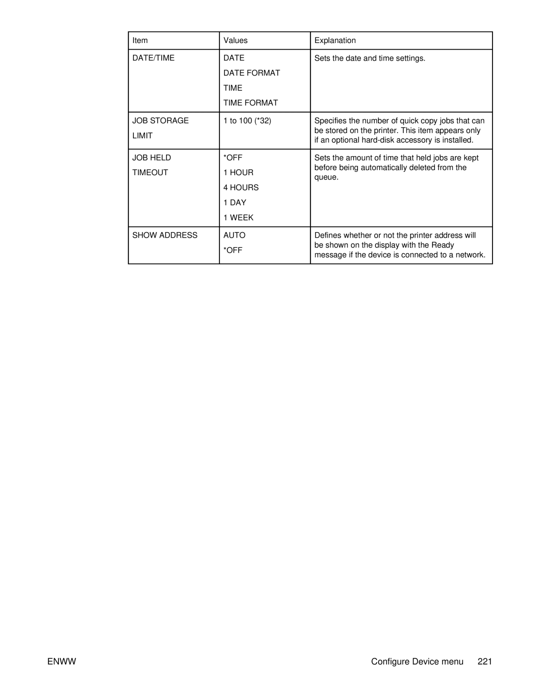 HP 4250/4350 manual DATE/TIME Date Date Format Time Time Format JOB Storage, To 100 *32 