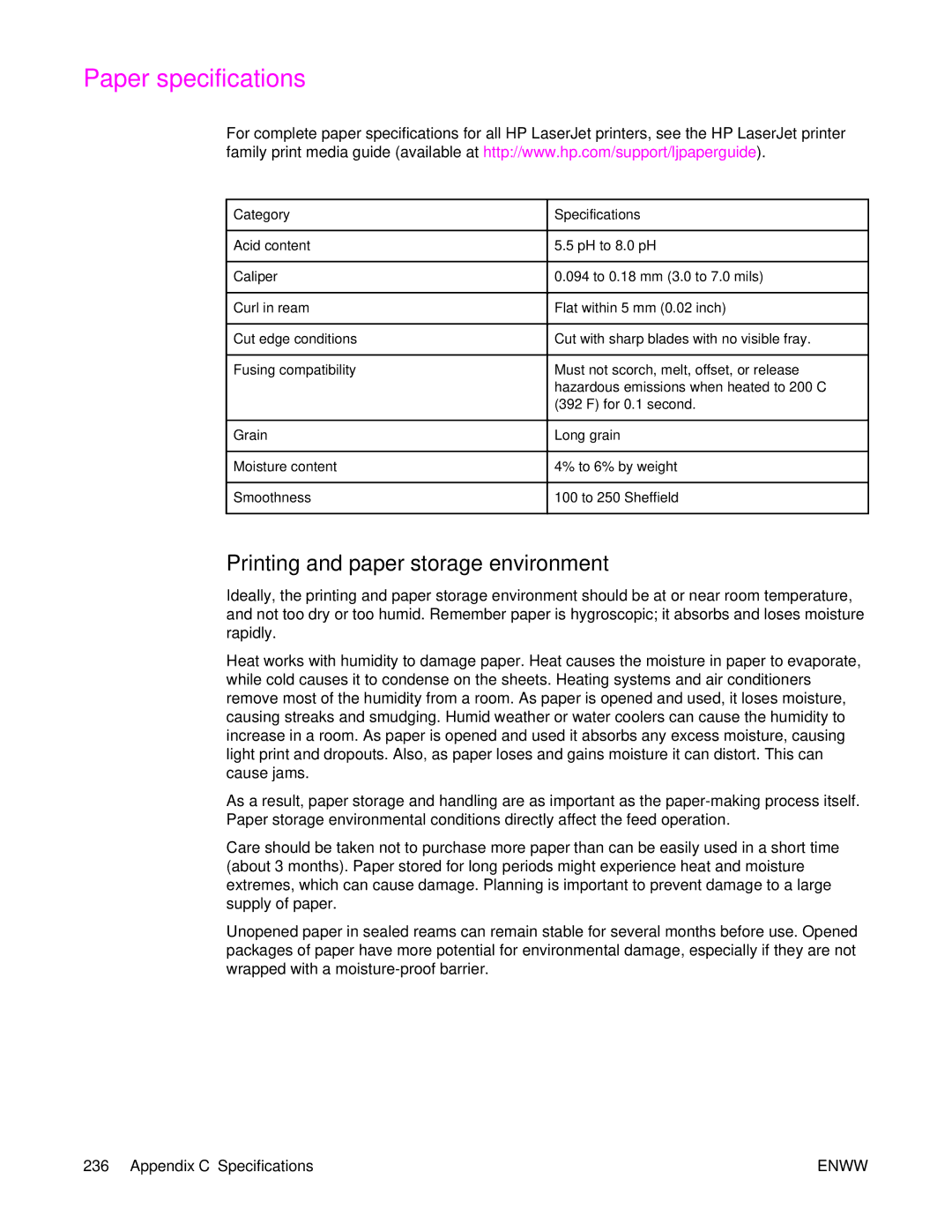 HP 4250/4350 manual Paper specifications, Printing and paper storage environment, Category Specifications 