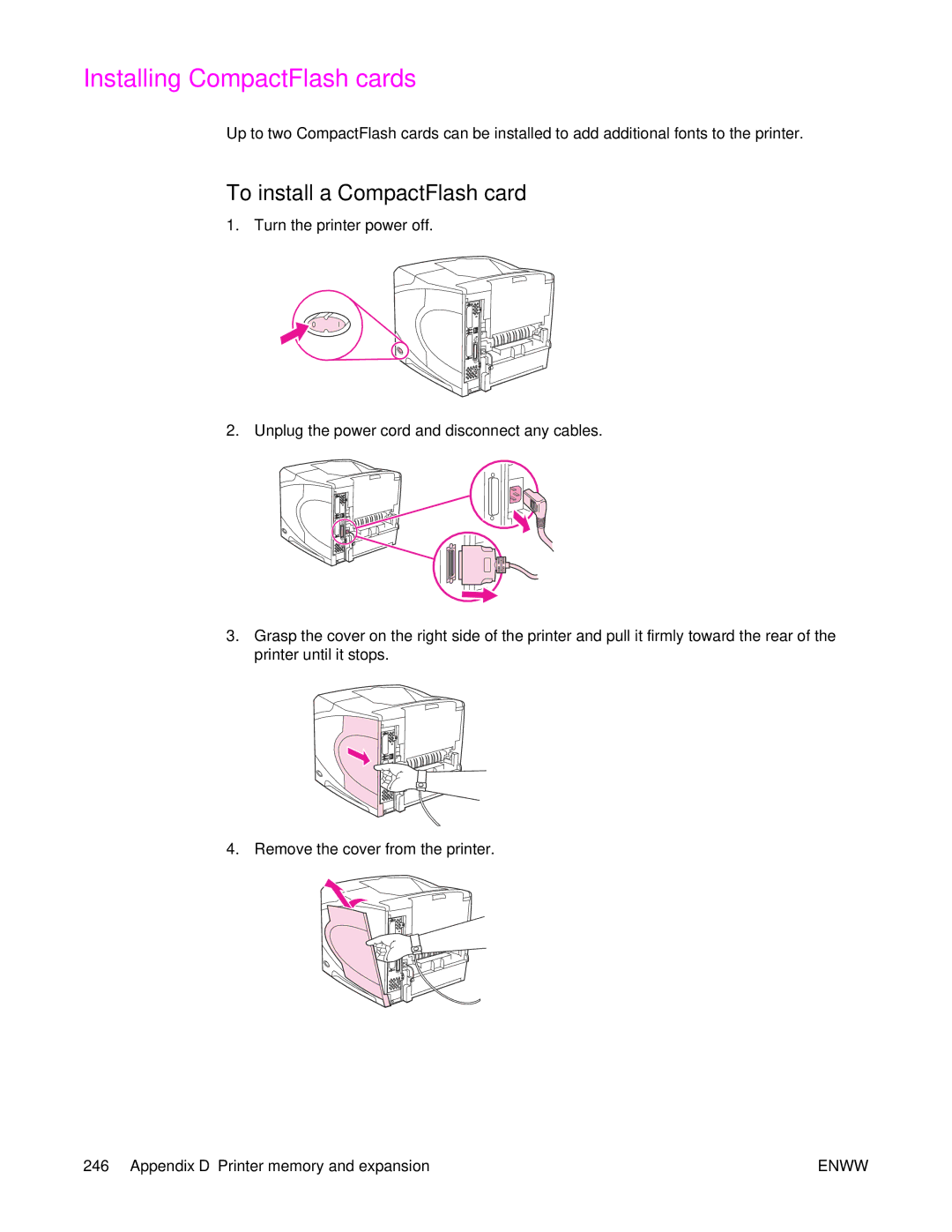 HP 4250/4350 manual Installing CompactFlash cards, To install a CompactFlash card 