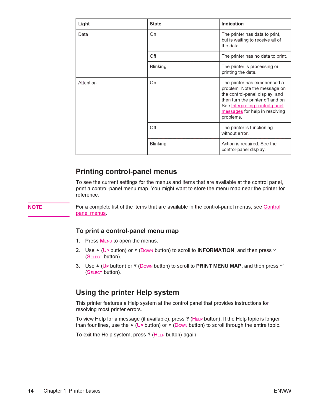 HP 4250/4350 manual Printing control-panel menus, Using the printer Help system, To print a control-panel menu map 