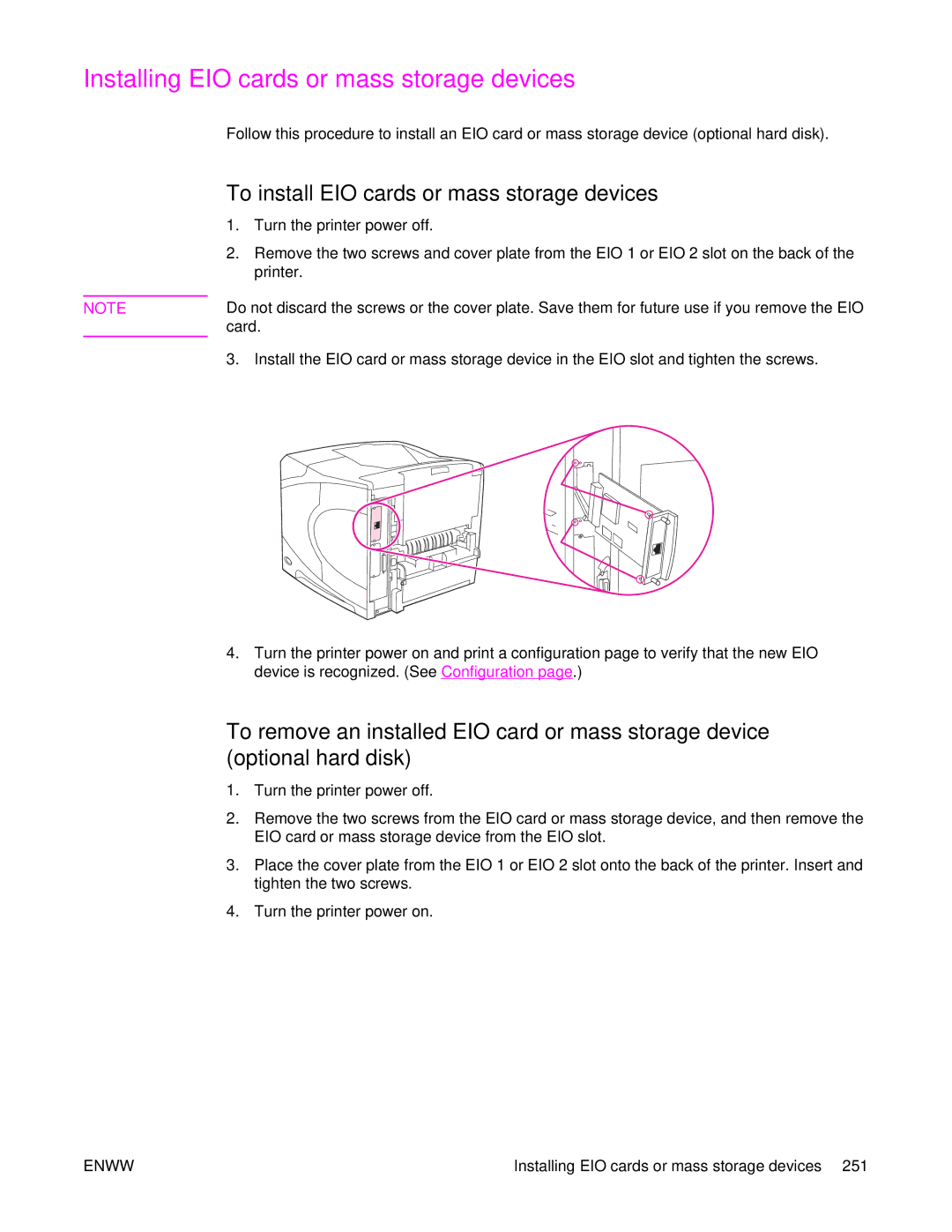 HP 4250/4350 manual Installing EIO cards or mass storage devices, To install EIO cards or mass storage devices 