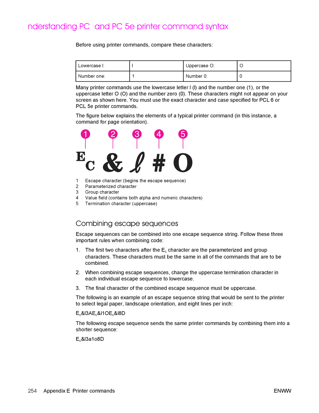 HP 4250/4350 manual Understanding PCL 6 and PCL 5e printer command syntax, Combining escape sequences 