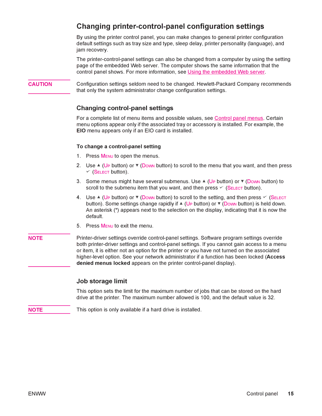 HP 4250/4350 Changing printer-control-panel configuration settings, Changing control-panel settings, Job storage limit 