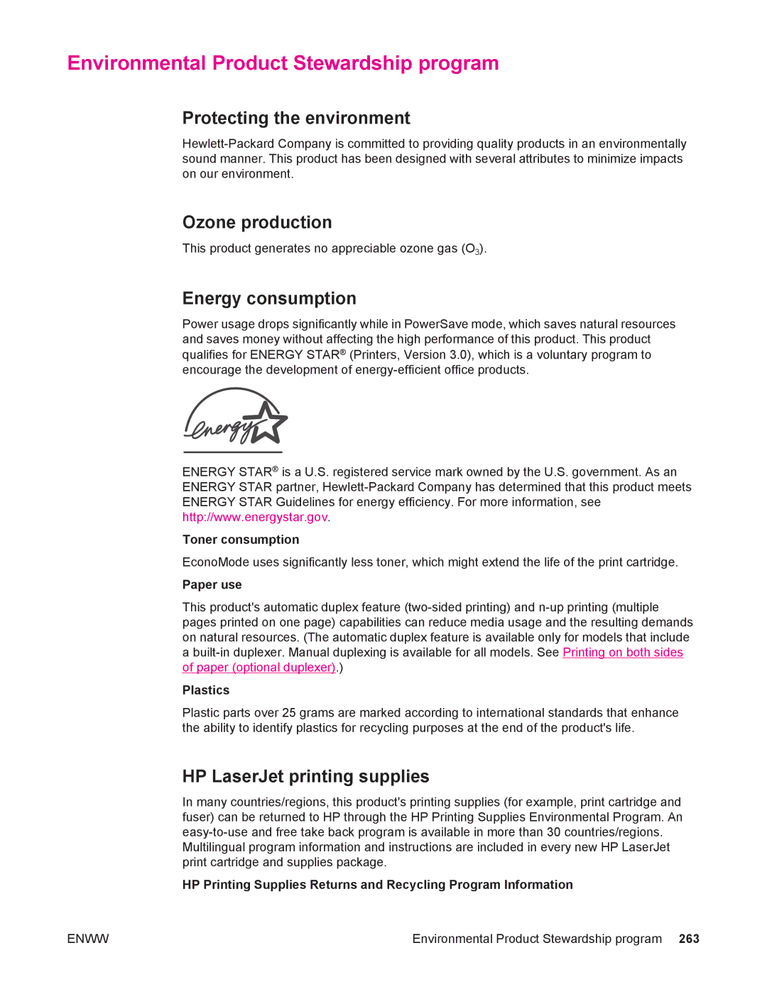 HP 4250/4350 Environmental Product Stewardship program, Protecting the environment, Ozone production, Energy consumption 