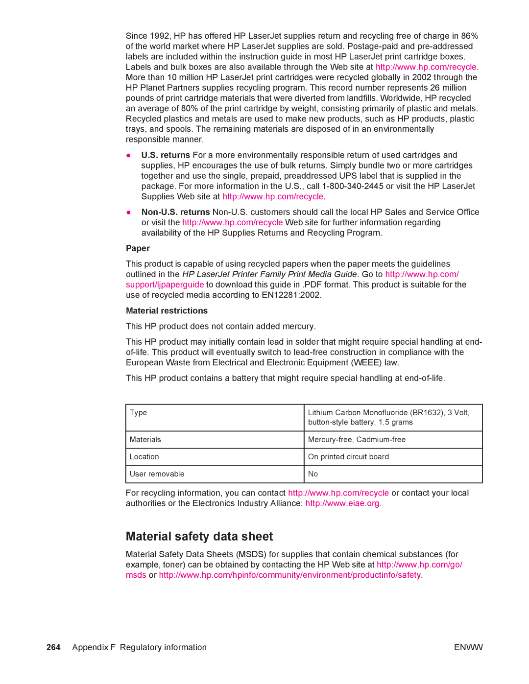 HP 4250/4350 manual Material safety data sheet, Paper Material restrictions 