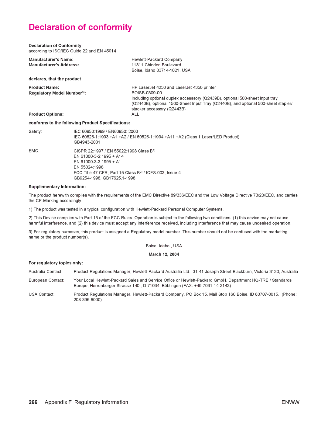 HP 4250/4350 manual Declaration of conformity, Regulatory Model Number3 