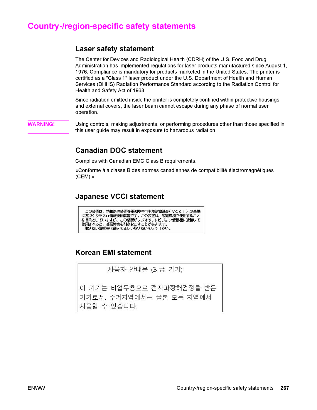 HP 4250/4350 manual Country-/region-specific safety statements, Laser safety statement, Canadian DOC statement 