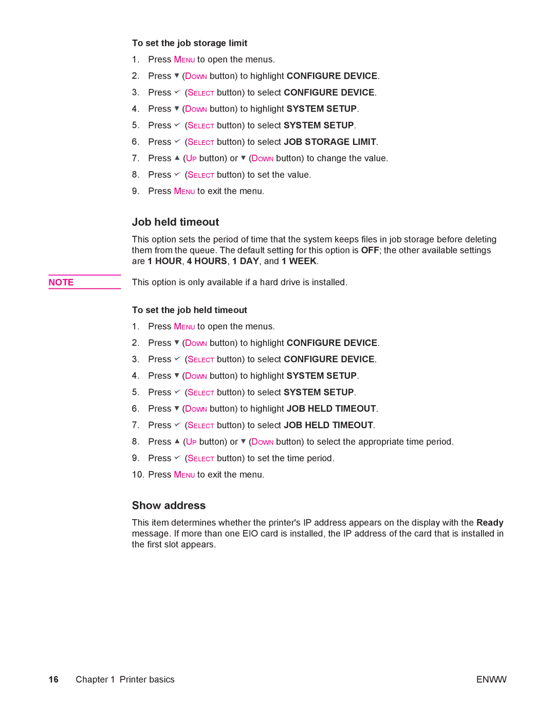 HP 4250/4350 manual Job held timeout, Show address, To set the job storage limit, To set the job held timeout 