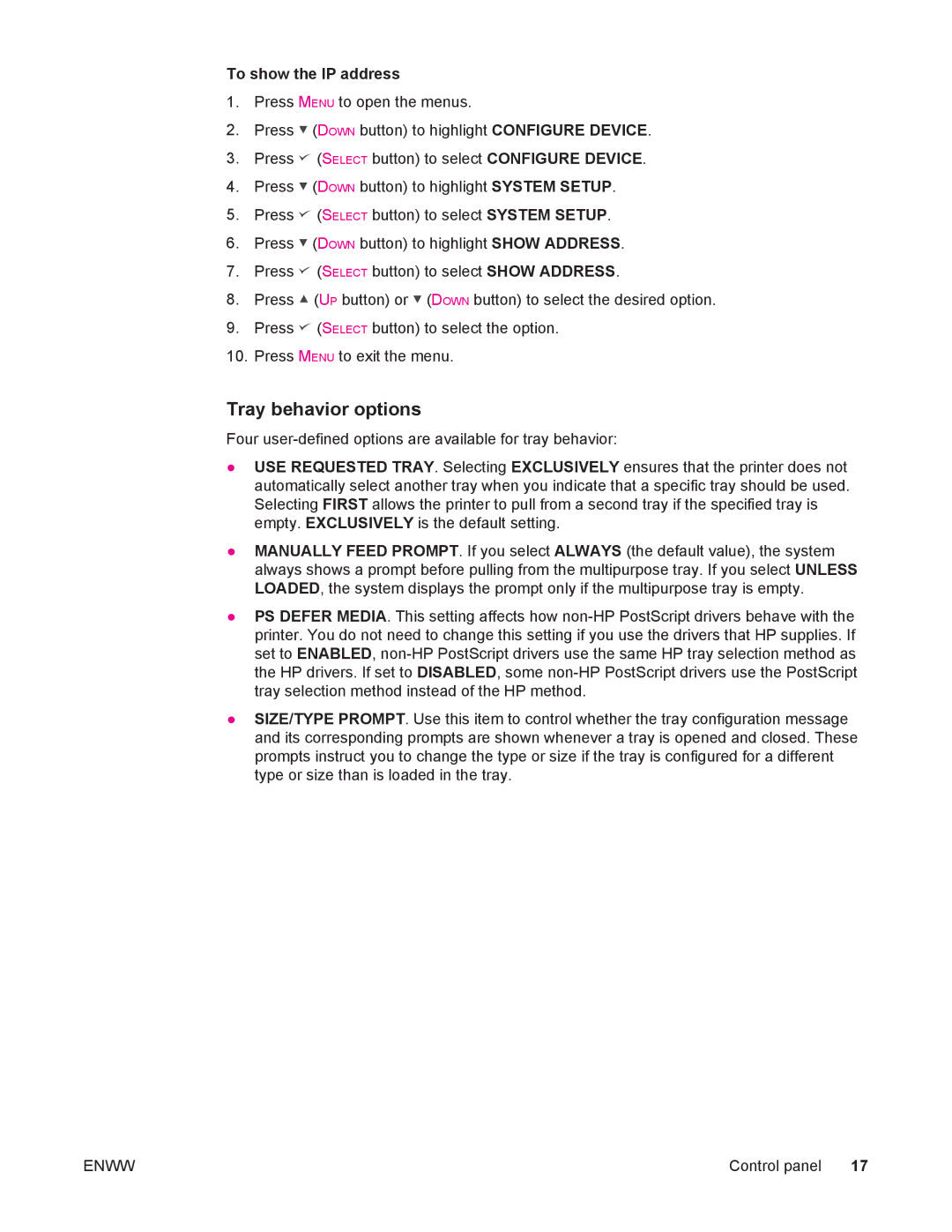 HP 4250/4350 manual Tray behavior options, To show the IP address 