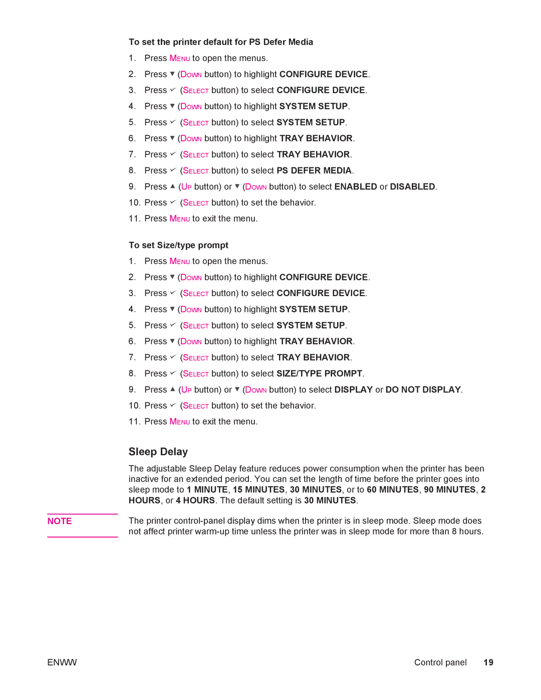 HP 4250/4350 manual Sleep Delay, To set the printer default for PS Defer Media, To set Size/type prompt 