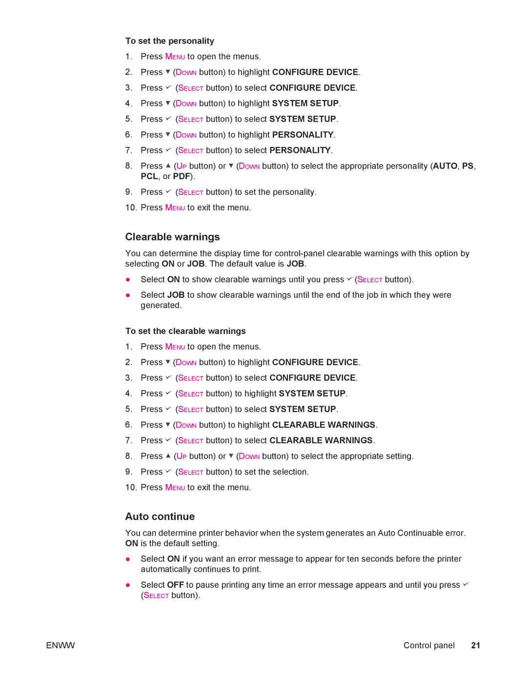 HP 4250/4350 manual Clearable warnings, Auto continue, To set the personality, To set the clearable warnings 