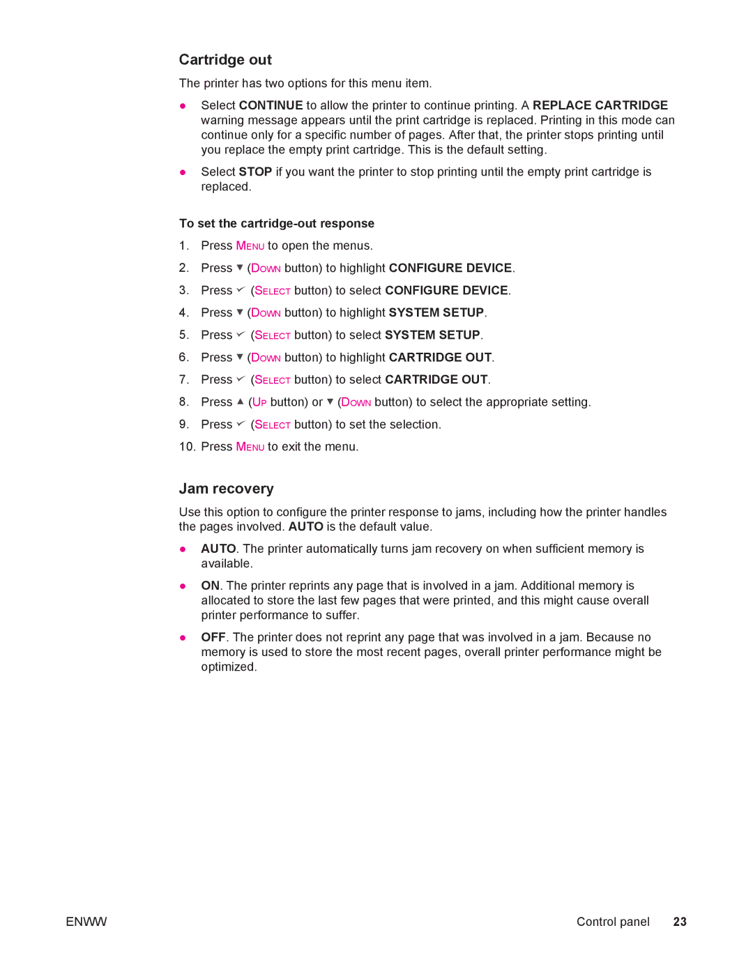 HP 4250/4350 manual Cartridge out, Jam recovery, To set the cartridge-out response 