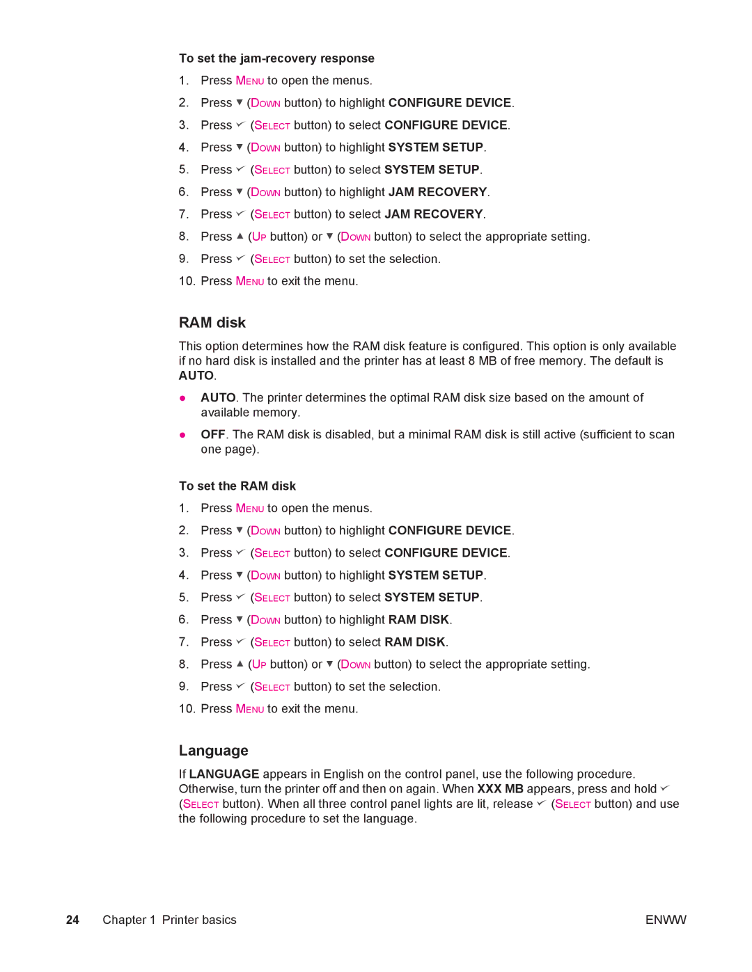 HP 4250/4350 manual Language, To set the jam-recovery response, To set the RAM disk 