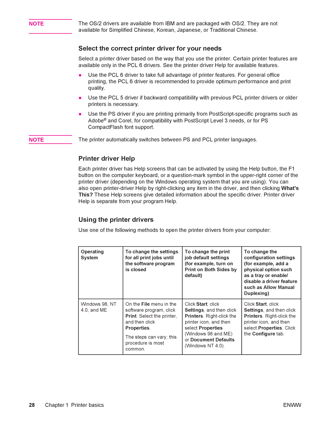 HP 4250/4350 Select the correct printer driver for your needs, Printer driver Help, Using the printer drivers, Properties 