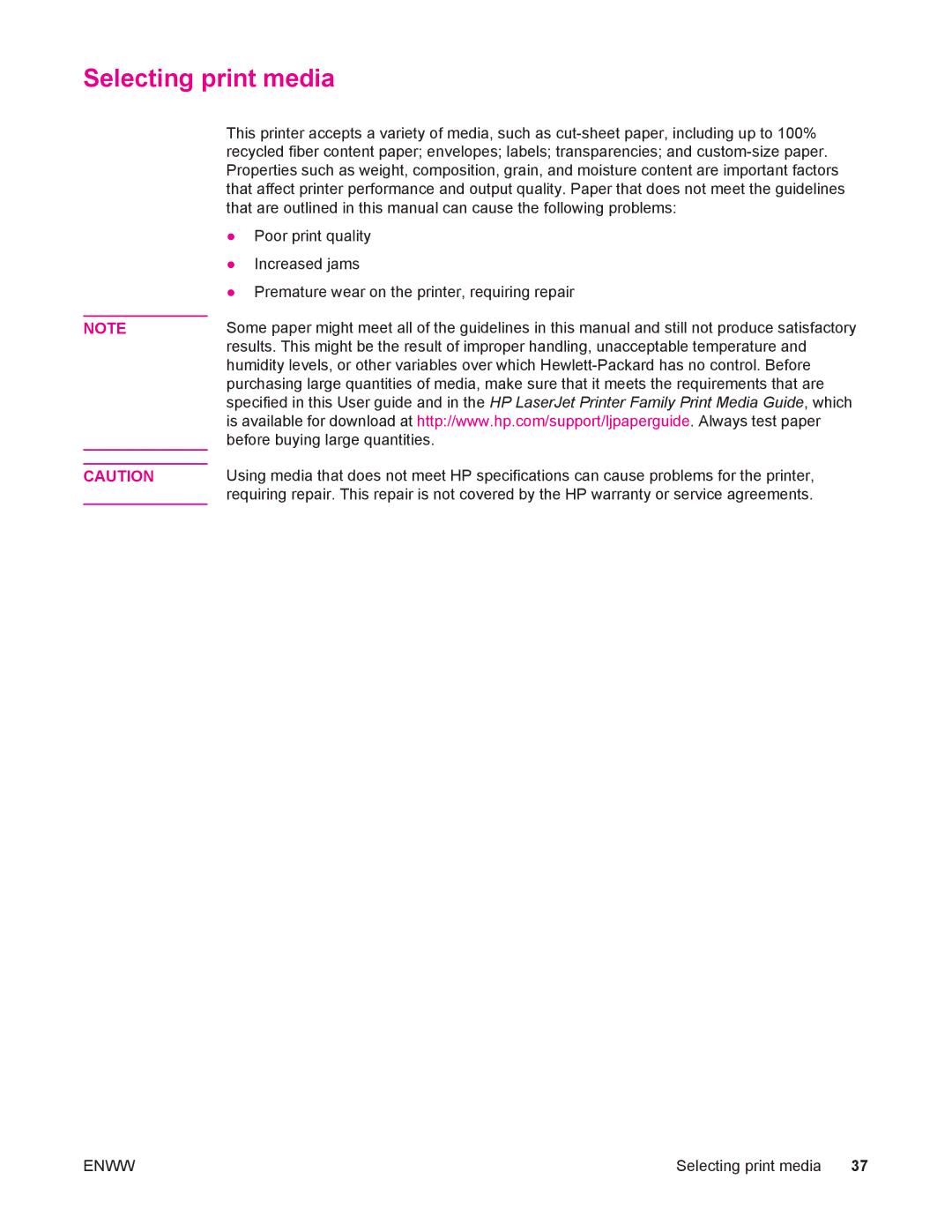 HP 4250/4350 manual Selecting print media 