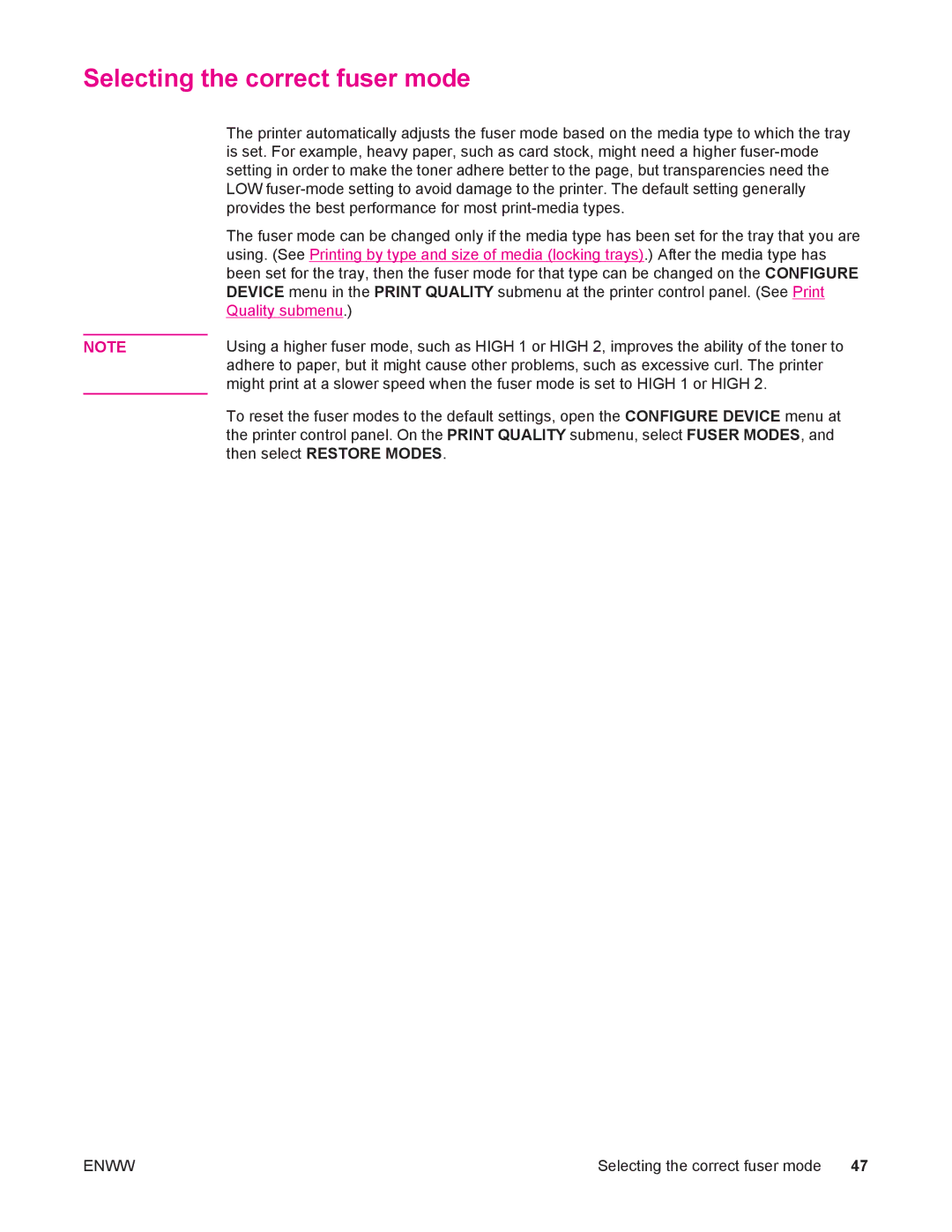 HP 4250/4350 manual Selecting the correct fuser mode, Quality submenu 