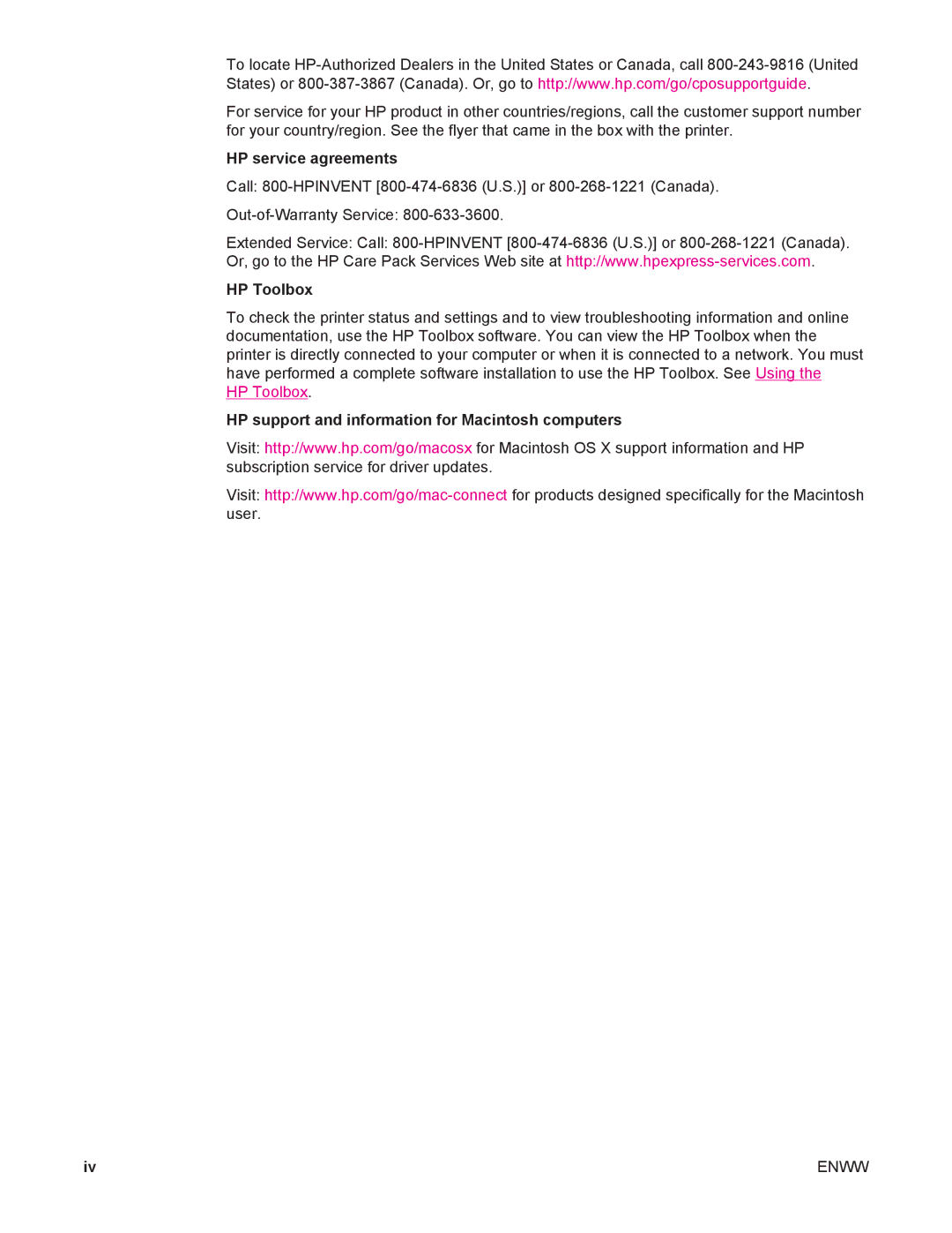 HP 4250/4350 manual HP service agreements, HP Toolbox, HP support and information for Macintosh computers 