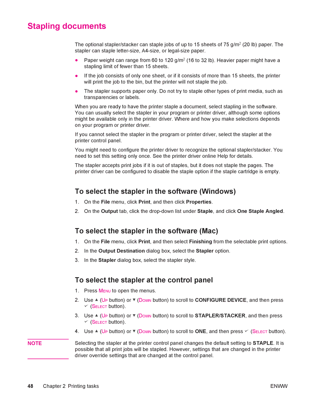 HP 4250/4350 Stapling documents, To select the stapler in the software Windows, To select the stapler in the software Mac 