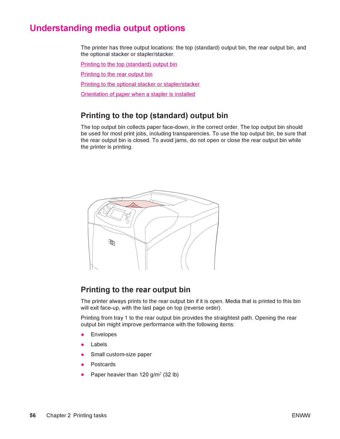 HP 4250/4350 Understanding media output options, Printing to the top standard output bin, Printing to the rear output bin 