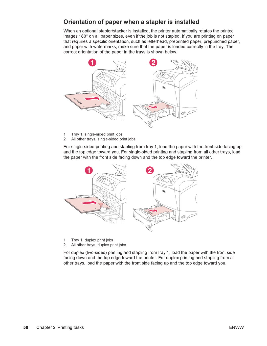 HP 4250/4350 manual Orientation of paper when a stapler is installed 