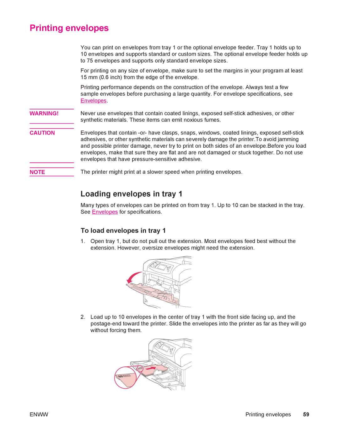 HP 4250/4350 manual Printing envelopes, Loading envelopes in tray, To load envelopes in tray 