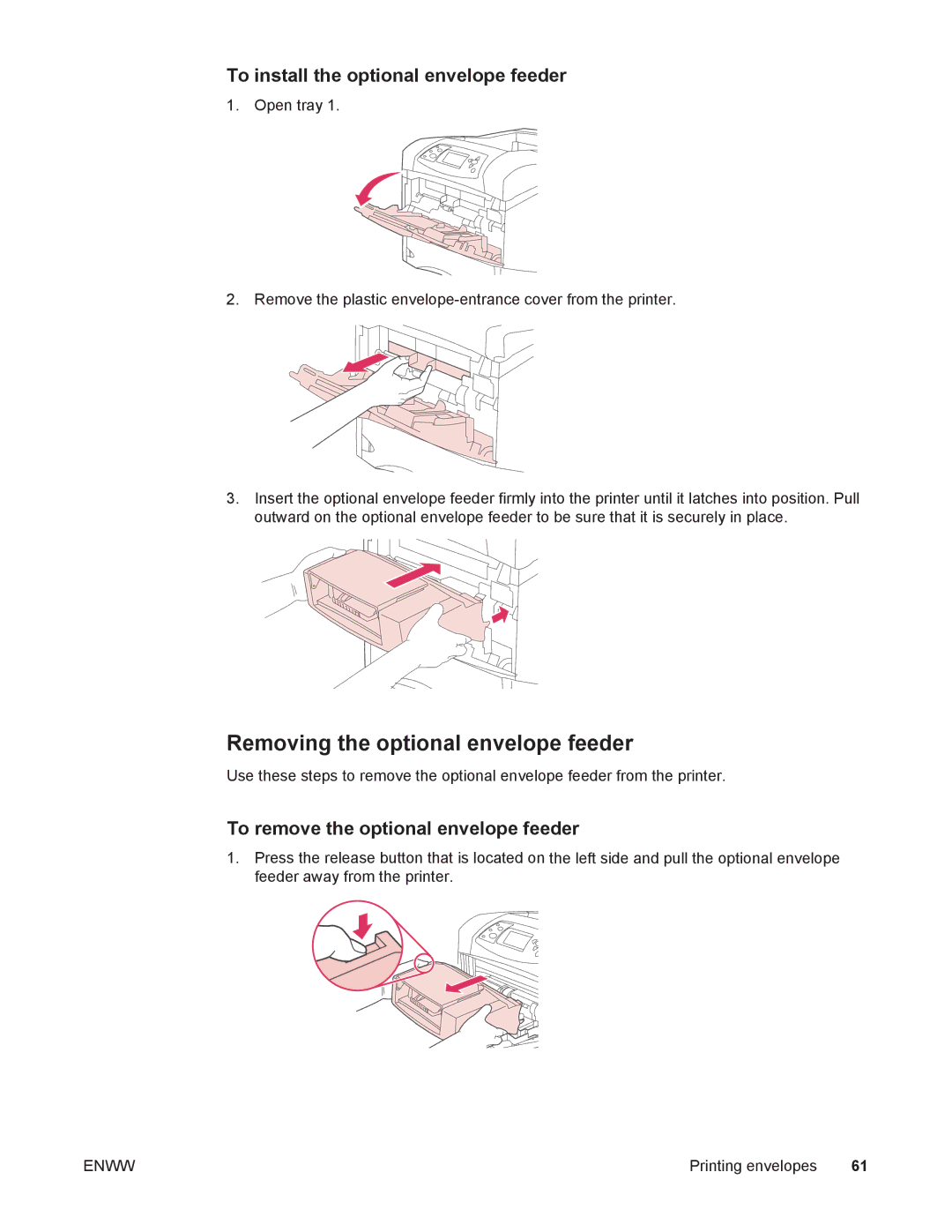 HP 4250/4350 manual Removing the optional envelope feeder, To install the optional envelope feeder 