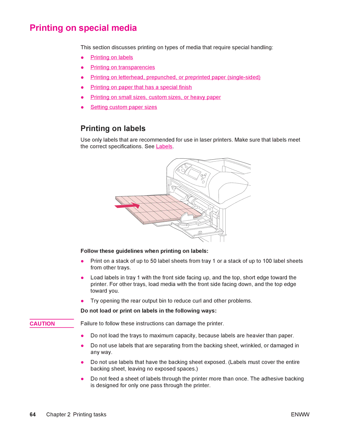 HP 4250/4350 manual Printing on special media, Printing on labels, Follow these guidelines when printing on labels 