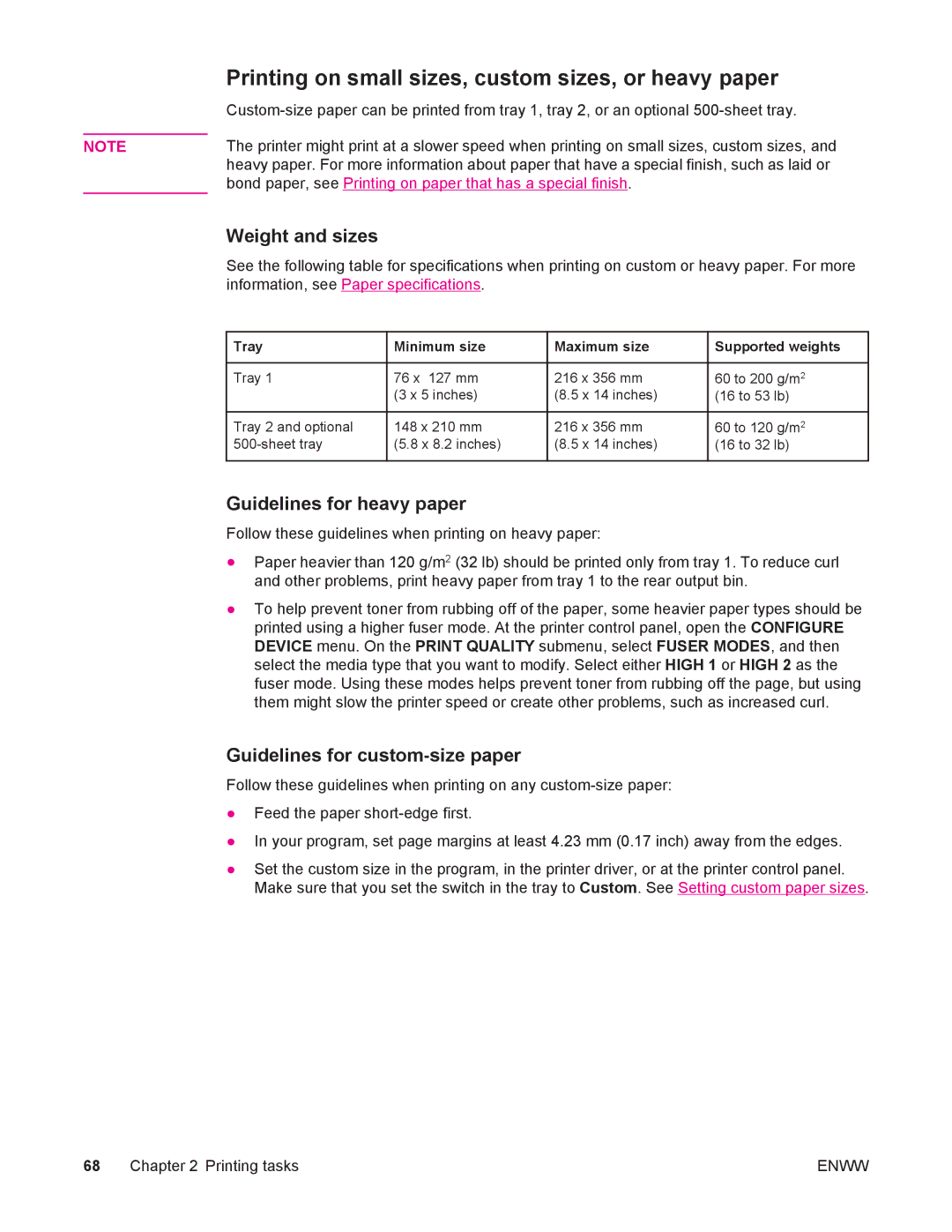 HP 4250/4350 manual Printing on small sizes, custom sizes, or heavy paper, Weight and sizes, Guidelines for heavy paper 