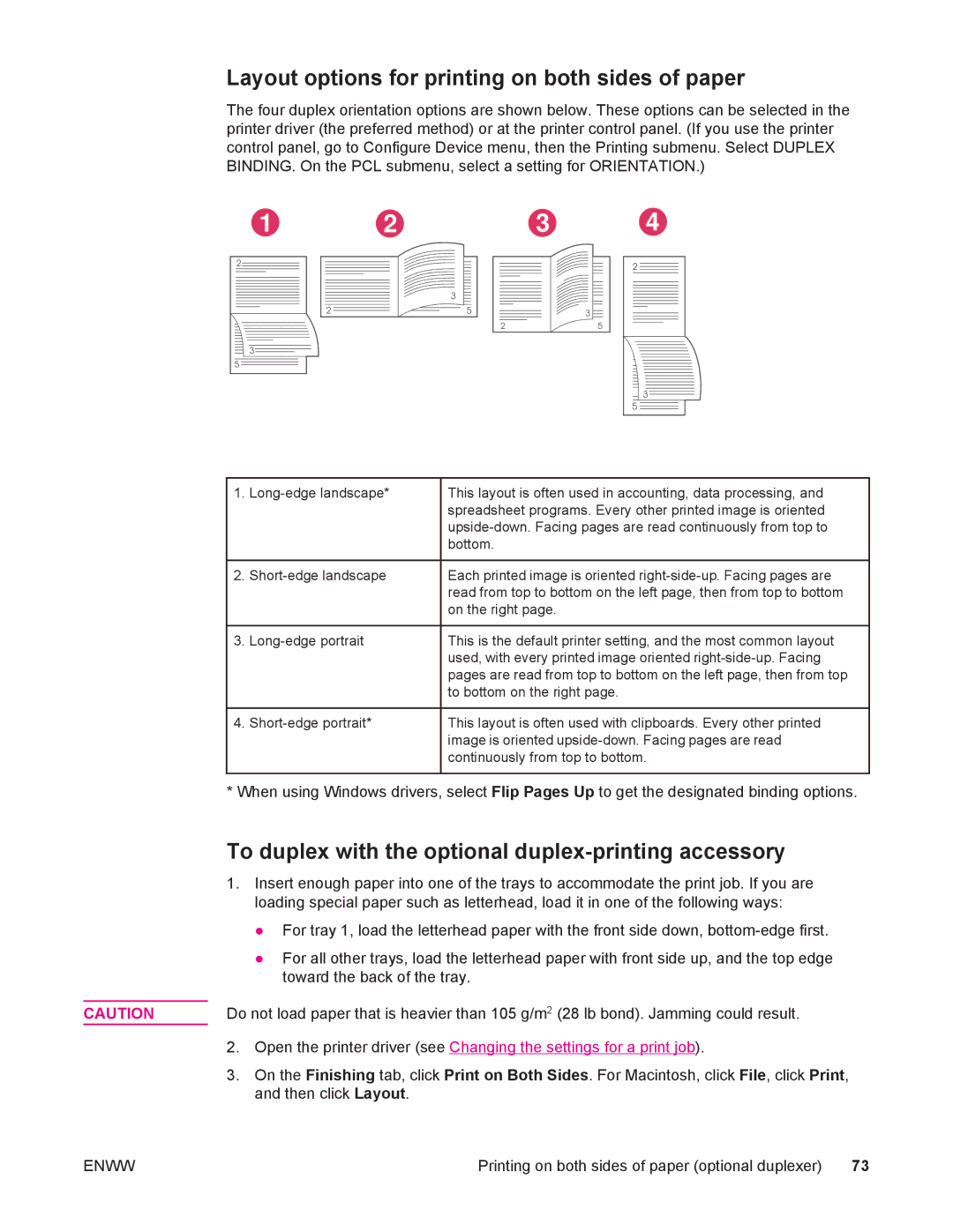 HP 4250/4350 Layout options for printing on both sides of paper, To duplex with the optional duplex-printing accessory 