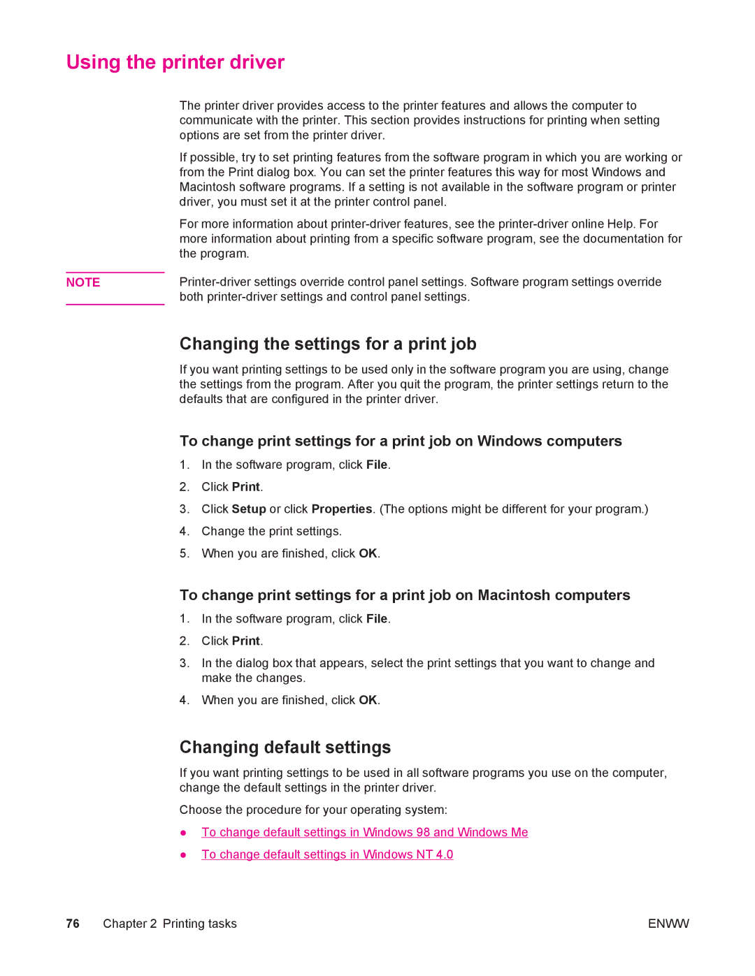 HP 4250/4350 manual Using the printer driver, Changing the settings for a print job, Changing default settings 