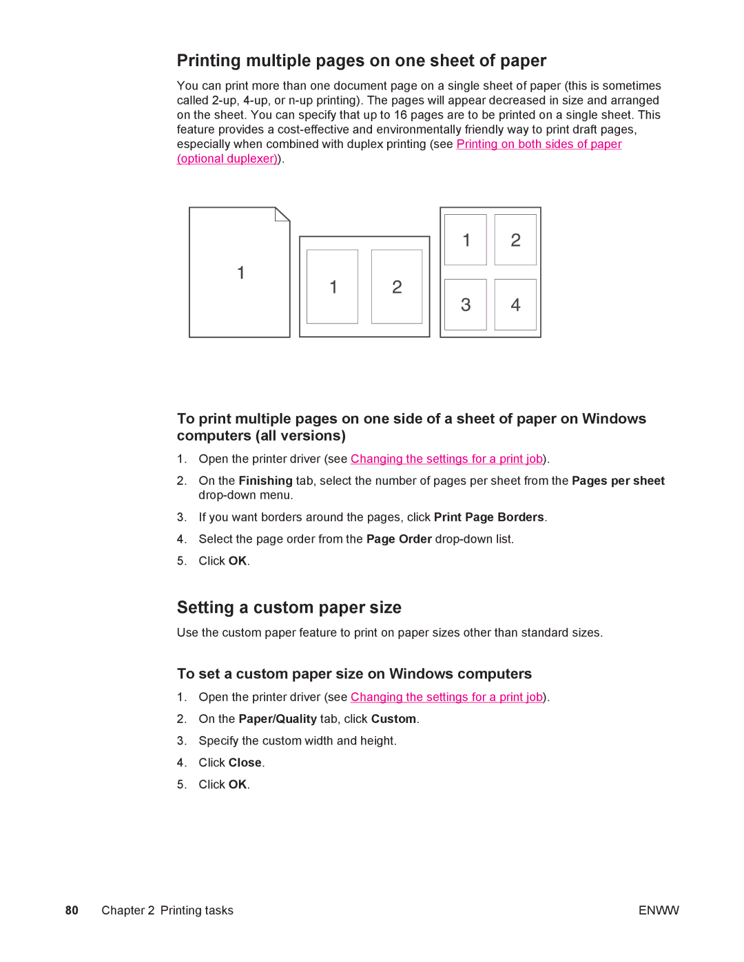 HP 4250/4350 manual Printing multiple pages on one sheet of paper, Setting a custom paper size 