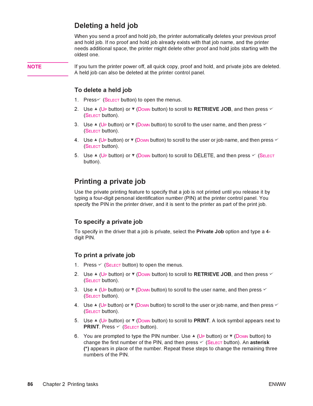 HP 4250/4350 manual Deleting a held job, Printing a private job, To delete a held job, To specify a private job 