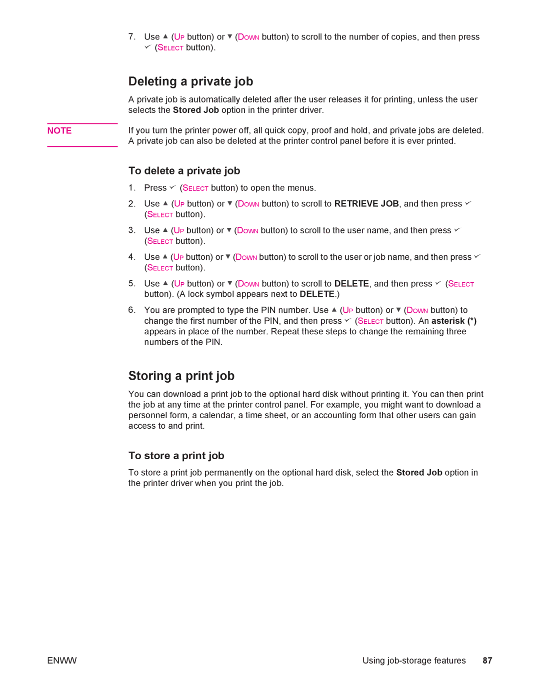 HP 4250/4350 manual Deleting a private job, Storing a print job, To delete a private job, To store a print job 