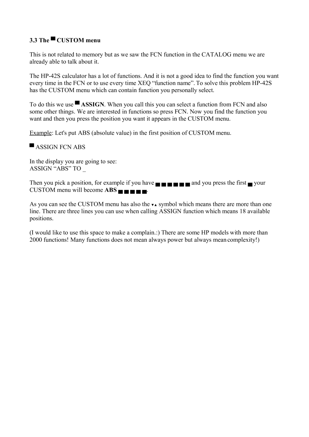 HP 42S manual Custom menu, Assign FCN ABS, Assign ABS to 