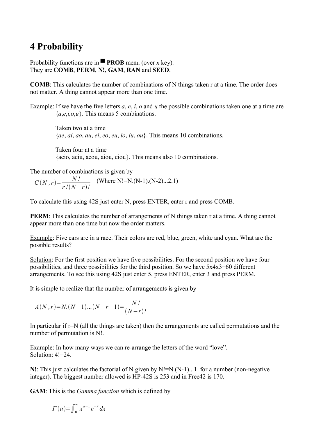 HP 42S manual Probability, Where N!=N.N-1.N-2...2.1 