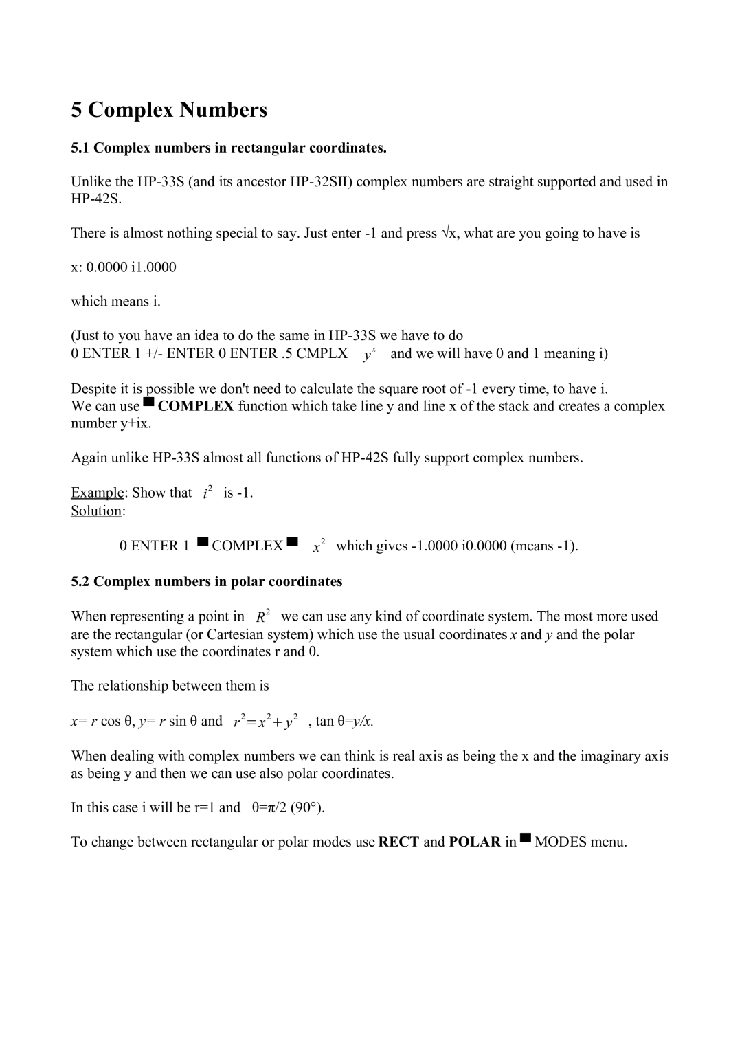 HP 42S manual Complex Numbers, Complex numbers in rectangular coordinates, Complex numbers in polar coordinates 